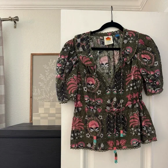 FARM Rio Olive and Pink Floral Blouse - Picture 1 of 1
